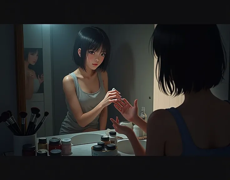  Japanese 18-year-old girl sitting in front of a mirror and applying cream to her hands、Makeup tools 、makeup、 short sleeves and shorts 、 Full Body Portrait of a Person 、(masterpiece:1.1), ( best quality:1.1),  full body,  shorthair,  good anatomy , ( 1 gir...