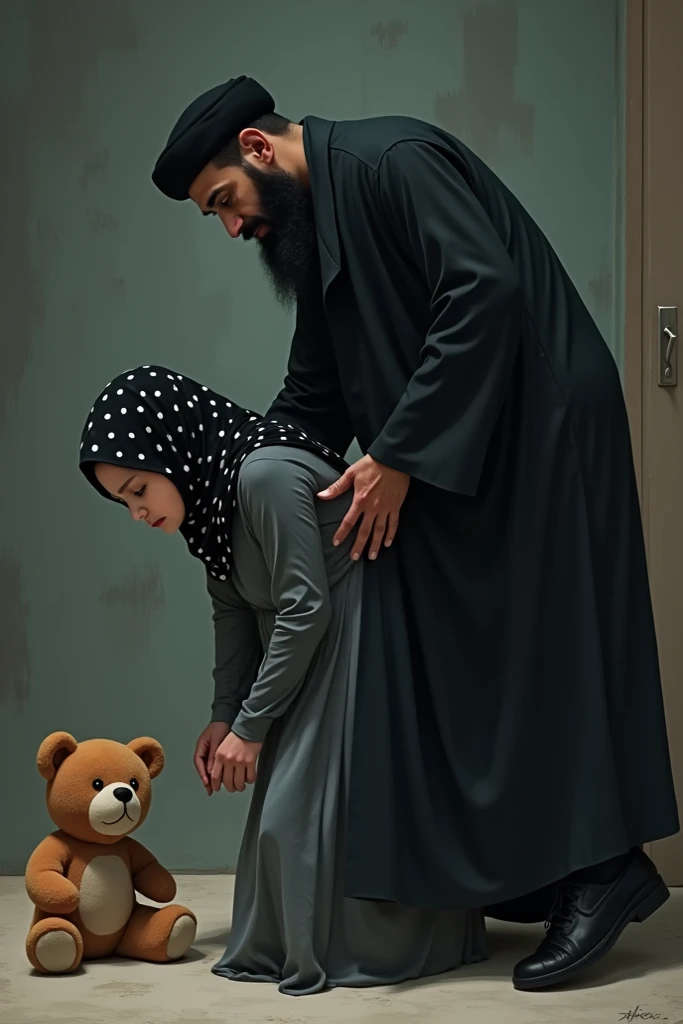 A very young arabic woman from Saudi Arabia wearing a hijab with a black polka-dot style design and a grey dress bend over trying to reach for the teddy bear on the ground with her right hand as she is going for the teddy bear her eyes goes close feeling a...