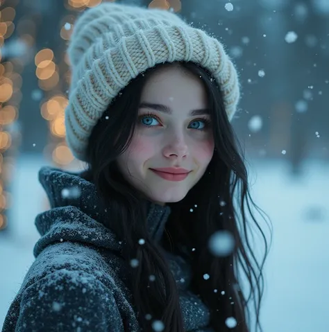 "Surrealism, Emma James, a breathtaking woman with jet black hair and porcelain skin, her bright blue eyes gleaming as she smiles at the snow gently falling around her. She wears a cozy knitted woolen hat, which contrasts softly with her delicate features....