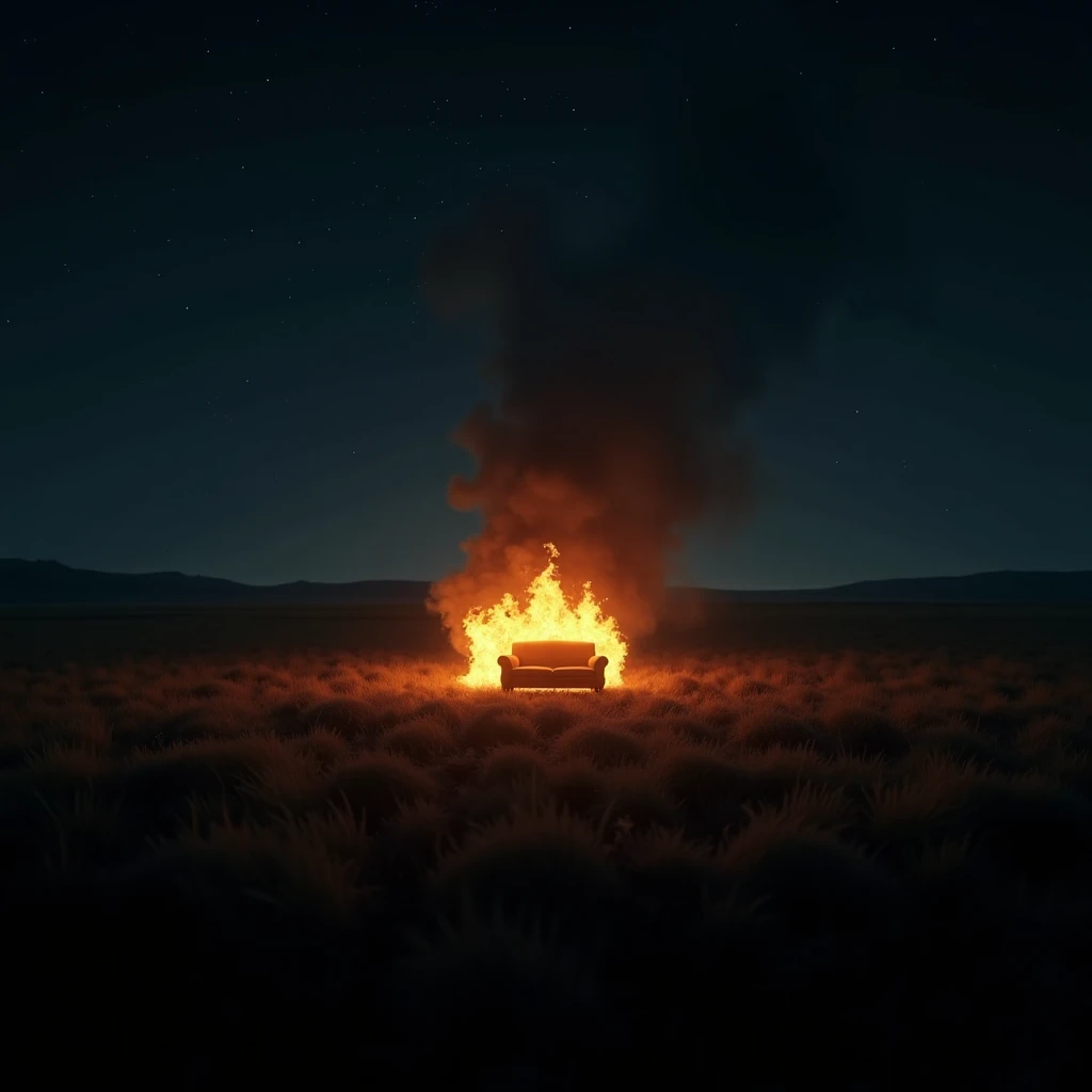 high quality, top down inclined angle shot, night time, vast field empty, with a burning blazing couch at a distance, cinematic