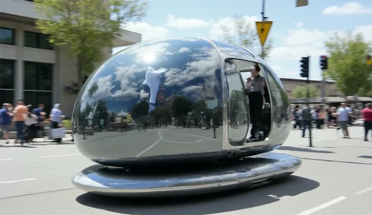 Zero-Gravity Pod Car: A spherical, levitating vehicle with a transparent shell, designed for efficient movement in urban areas using magnetic propulsion.

