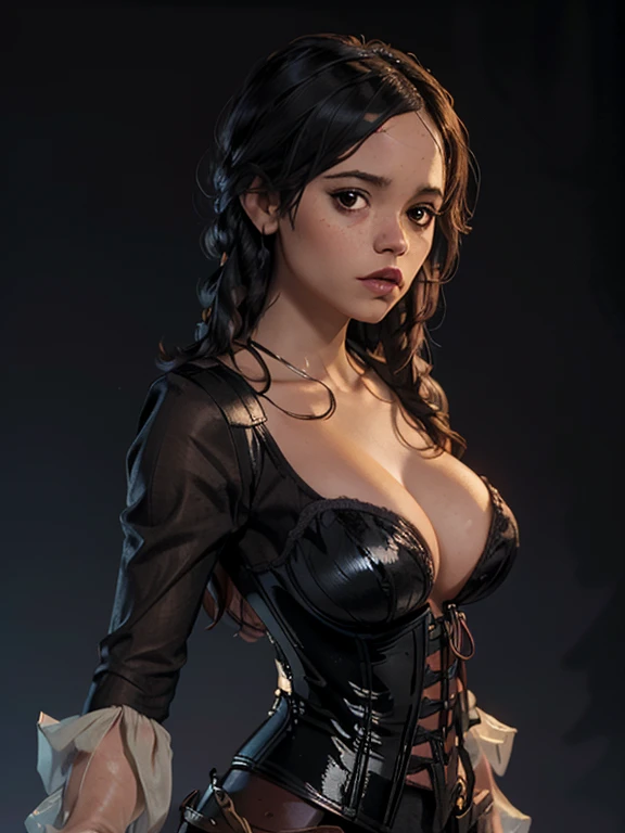 one girl, solo, (bust, upper body, front view:1.2), black eyes, Jenna Ortega, captain jack sparrow, pirate, black pirate outfit, black corset, (big breasts, giant breasts, cleavage:1.2), (masterpiece, highly detailed, look at viewer, shiny blurred grey bac...