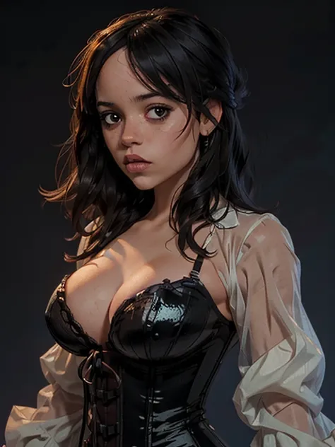 one girl, solo, (bust, upper body, front view:1.2), black eyes, Jenna Ortega, captain jack sparrow, pirate, black pirate outfit, black corset, (big breasts, giant breasts, cleavage:1.2), (masterpiece, highly detailed, look at viewer, shiny blurred grey bac...