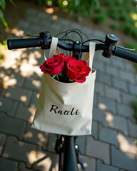 Realistic photography style. Micro top view. In the shade of a tree, a canvas bag with bright red roses hanging from the handlebars of an electric bicycle. The canvas bag is left flat with writing. The ground in the background is paved with gray flagstones...