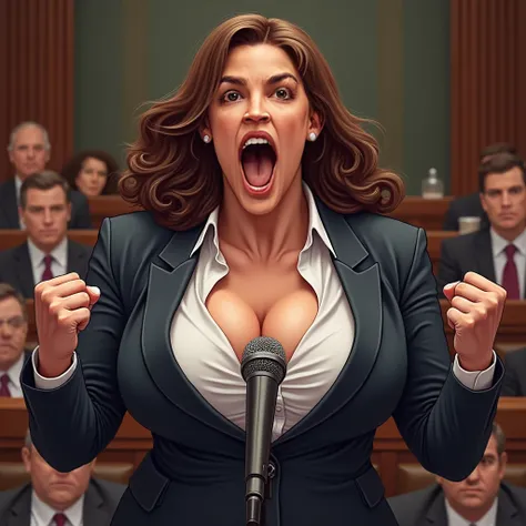 a busty brunette with large buck teeth wearing an open suit jacket in congress yelling into a microphone