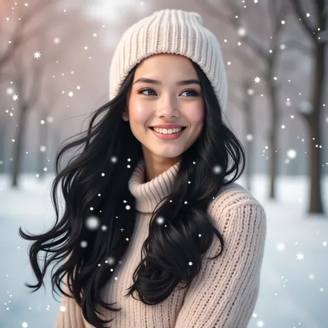 "Surrealism, Emma James, a breathtaking woman with jet black hair and porcelain skin, her bright blue eyes gleaming as she smiles at the snow gently falling around her. She wears a cozy knitted woolen hat, which contrasts softly with her delicate features....