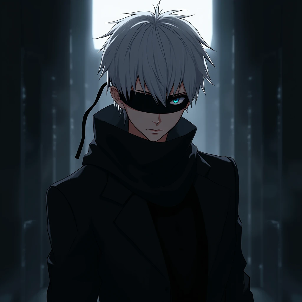 Anime Man with short White hair, Blue Eyes, Black clothes, and black Blindfold