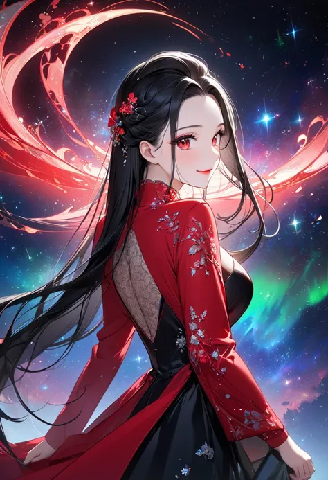 (delicate and beautiful), (Spectacular views illustration), (in a outer is red Elegant coat, in a best Elegant vivid black onepiece dress), break, ((back style)), both arms up, (solo, age 18) ((ultra perfect 7:3-parted)) and slicked-back look, (vivid black...