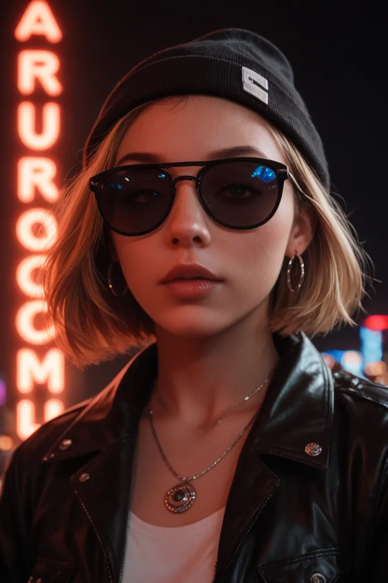 face close up, alternative girl, watching over black sunglasses, jacket, necklace, neon light reflections on skin, ear ring, mak...