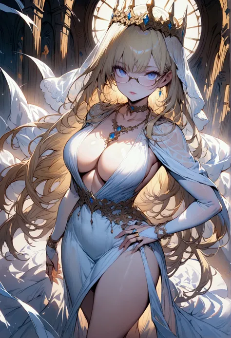 (masterpiece),(best quality),(ultra-detailed),(best illustration),(best shadow),(detailed background), 1girl, dress, breasts, blonde-hair, glasses, solo, side-slit, white-dress, jewelry, cleavage, hand-on-own-hip, cape, choker, ((very-long-hair)), anklet, ...