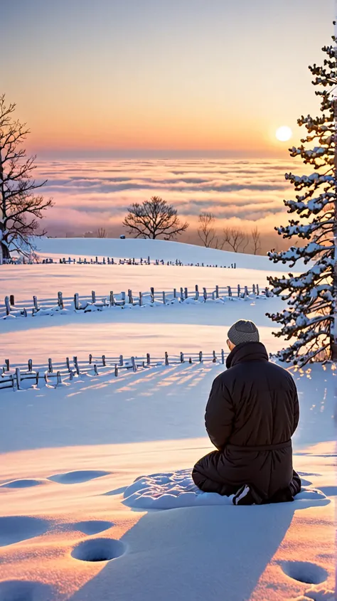 Praying at sunrise on a winter morning,  snow scenery , quietude,