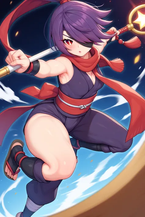 Best quality, masterpiece, high def, high resolution, 1 girl, short purple hair, red eyes, white sclera, slit eyes, hair over eye, hourglass figure, small breasts, large butt, hair over eyes, outfit: ninja, ninja face mask, ninja top, tonja pants, tabi, wr...