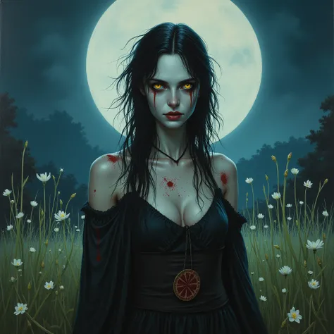  pale vampire woman with messy hair, with eyes, iris,  yellow sclera ,  wearing blood-covered tribal clothing ,  walking on a meadow at night , hand painting , oil painting 