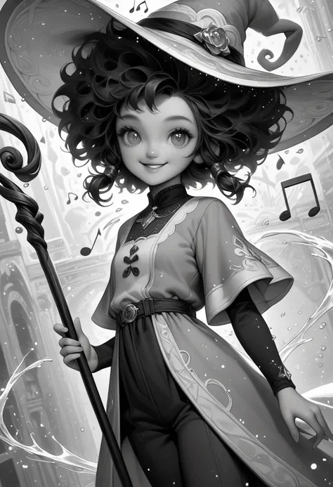 score_9, score_8_up, score_7_up, score_6_up, cute girl, musical note, tunic, magical staff, fluffy hair, big hat, light smile, bright pupils, particles around, splash art, pants, looking at viewer, cowboy shot, smile, cute, wide shot, solo, dutch angle, de...