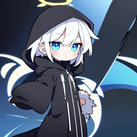  {{One boy, Alone,  shorthair, ( white hair ,  blue eyes with vertical pupil),Black outline, halo,  black long coat ,  black fur hood , #39;wing, Vertical scar ,  right eye hidden , green and black headphones,Desktop PC, performance,  laughing, Delighted　 ...