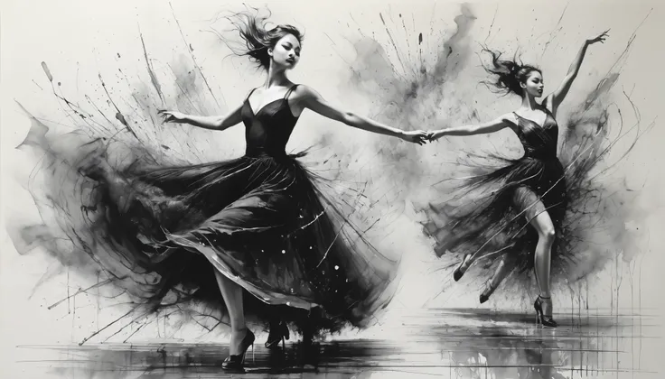 Charcoal drawing, crayons, black pencil drawing, pencil drawing, black and white drawing, graphite drawing,
Poster, Full length, stunningly beautiful young dancing dancing softly at a Russian music show, portrait by Willem Henraets, watercolor, wet-on-wet ...
