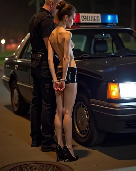 nsfw nudity, thin 18yo pale European woman with light brown tied up hair arrested leaning forward against the side of a police car by male police officer, her chest touches the car, (her chest is naked, black latex miniskirt, black high heels, silver linke...