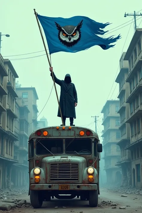  Creates a drawn-style image , I repeat, drawn,  a mysterious person raising a flag on the roof of a bus that looks torn or abandoned,  in the middle of the city but deserted,  one that inspires liberation but not that is not from a country . A large blue ...