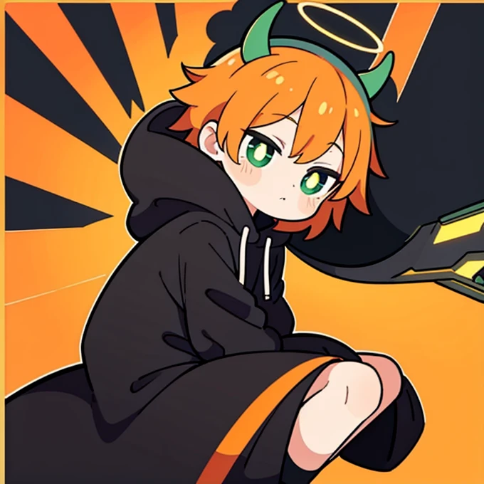  {{One boy, Alone,  shorthair, (Silver&Orange Hair, green and vertical pupils ),Black outline, halo,  black long coat ,  black fur hood ,horn,devil, #39;wing, Vertical scar ,  right eye hidden , green and black headphones,Fluorescent color,Desktop PC, perf...