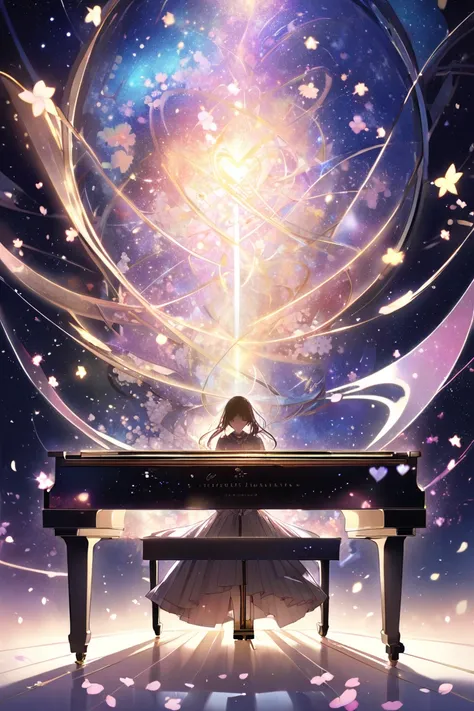 Illustrate a fantastical scene where a Japanese female student is seated at a cosmic piano, its keys made of stardust and sakura petals. As she plays, musical notes rise into the air, transforming into a mixture of hearts, cherry blossoms, and twinkling st...