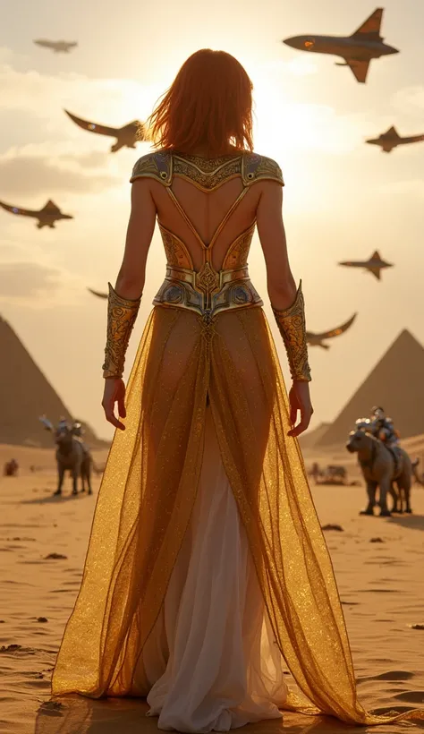 " An impressive hybrid ,  combining features of a spider heroine and a Persian goddess ,  with the stylized costume of a Norse goddess ,  adorned with golden armor and ethereal details .  The figure is seen from afar ,  in an imposing and majestic pose .  ...