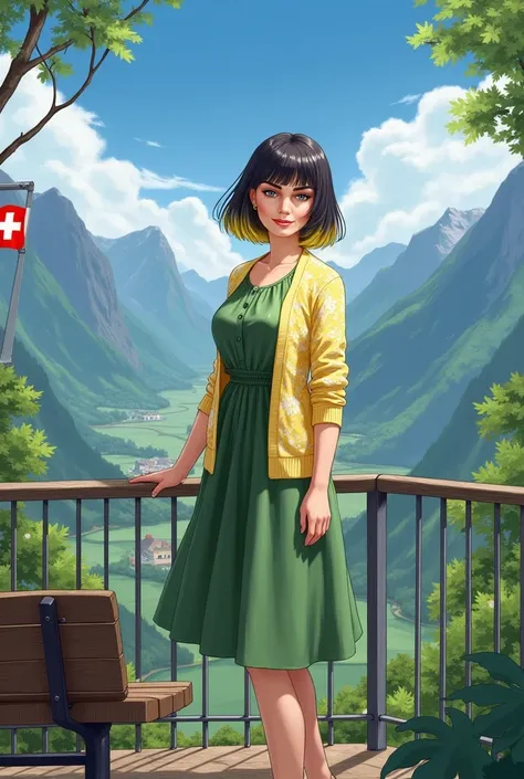  I want a realistic picture.There is a woman. Womans hair up to her shoulder  .  The top of her hair is black  . The ends are yellow .  Woman has a green dress on top  .  She has a cardigan with yellow flowers on top  .  Woman poses in the  

"A lush green...