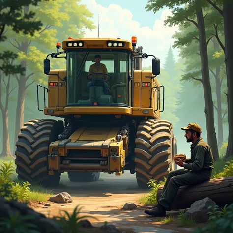 Harvester in the forest in mud surrounded by trees in sunshine with a forest worker sitting on a felled tree and eating a sandwich 