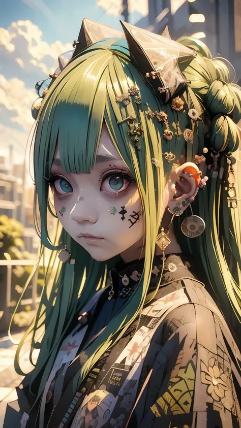 Green hair、Miku Hatsune、Twin-tailed、piercings、earrings、The tattoo、goth_punk, 1girl in, solo,、top-quality, Photorealistic, An ultra-fine illustrations, beautiful attractive anime girl, Miku Hatsune, Slender body, Tied hair, one girls, a photo of girl, Full ...