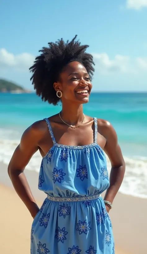 black woman in a typical dress of blue flowers with white fabric smiling on the shore of the beach in San Andres Colombia with a horses jaw next to her and crab soup 