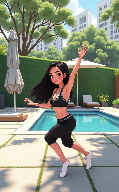 Woman 30 years, long straight black hair, wearing black sports bra with white Victoria’s Secret lower trim name with black sweat shorts and white low socks. At backyard with small square pool with green grass wall in the back and white modern low rise apar...