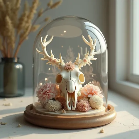  makes me a glass dome with dried flowers , a skull of a small animal made of bones and crystals ,  everything inside on a refined and zen background in a meditative tone