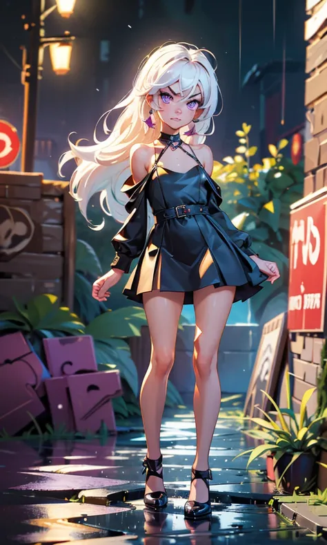  masterpiece,  a girl, beautiful, adolescent, s, slim, Chiquita, head on, looking at the spectator,  long hair ,  white hair , fringe,  purple eyes, annoyed,  arched eyebrows ,  full body ,  small tits ,  nice legs, abdomen plano,  short dress ,  black sho...