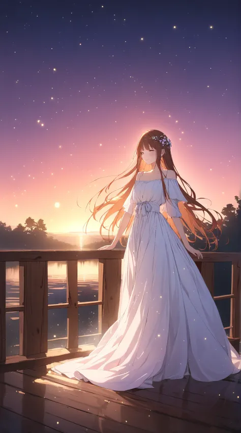 1 girl, (delicate face), 20 years old, (long straight hair), (gentle smile), large breasts, (wearing a flowing bard dress), (ankle length), (glowing skin), (lost in her music), BREAK  
Rustic wooden bridge, serene lake, (sitting gracefully on the railing:1...