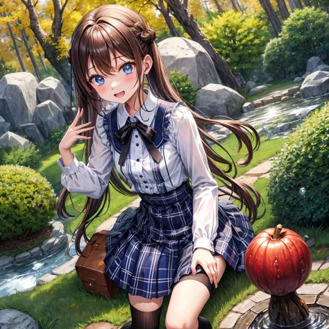 Chestnut Hair、 blue eyes、 has hair tied、Two cute、 plaid mini skirt 、 BLACK T-SHIRT、 Long Sleeve 、 dress、 striped high socks sprinkling water、Teeth are visible、lawn、The stone is cracked、Uneven ground、The road is curved、Large autumn tree、Mountain々、isolated i...