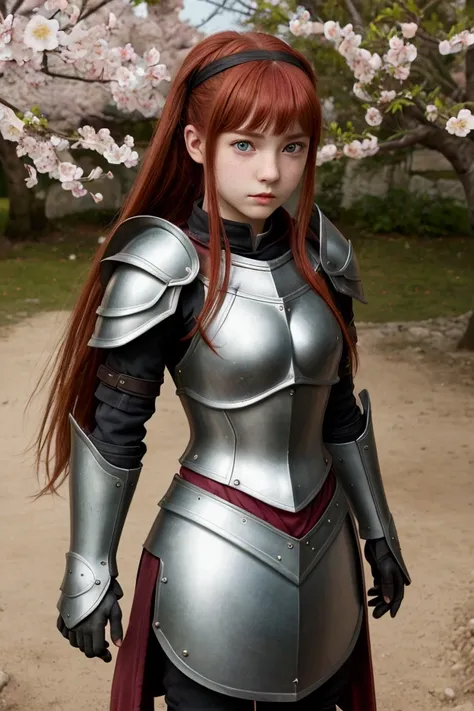 Teen girl, (1.4), teenager, age 14 , detailed face, sakura, green eyes, redhead, provocant armor, roman armor, very small breats, full body
