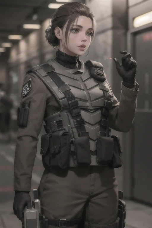 Sexy girl,  starship troopers armor,, realistic, gloves, armor, shoulder patch, bulletproof vest, military, helmet, holding a weapon,   hungry clicker