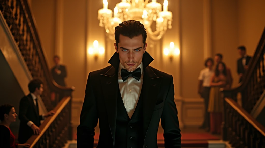 A stunningly handsome, vampiric man with piercing blue eyes stands on a grand staircase in a Victorian mansion. The golden light from a chandelier overhead casts a halo-like glow around him, but his expression is cold and unnerving. The guests at the foot ...