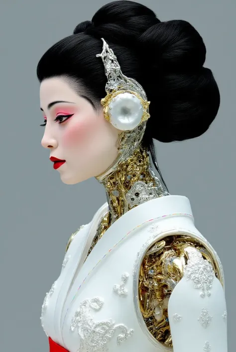 A portrait photograph of mid-twenties Japanese female android made of white and silver transparent glass and plastic, geisha makeup, black hairstyle, silver and gold metal internal body mechanisms, dynamic pose, flowing organic construction, detailed engra...