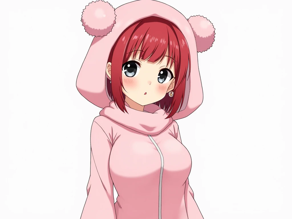 1girl, short red Hair, sparkling black eyes, wearing pastle pink y2k outfit, medium bust, mature, curvy hips, absurdens, High Resolution, Simple background, ultrasharp, 8k, masterpiece, looking at viewer, pink fluffy ear scarf hat, Anime Style, Caustics, n...