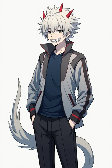 Clover is a tall 19-year-old monster boy with light white skin ,, snow-white hair with two touches of red on each side of his hair and head, eyes with black sclera and gray iris and a mouth with small attached teeth, he was wearing a tang style jacket with...