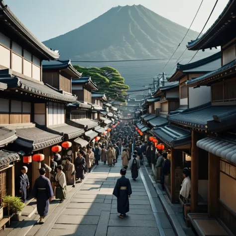 a cinematic scene of ancient japanese street town with crowd pedestrian busy in the streets with mountain background view