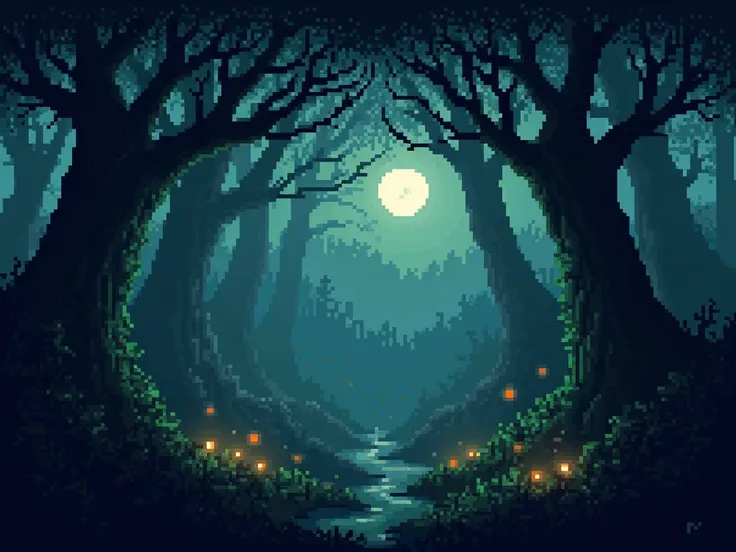 Create a pixel ART of a dark forest 