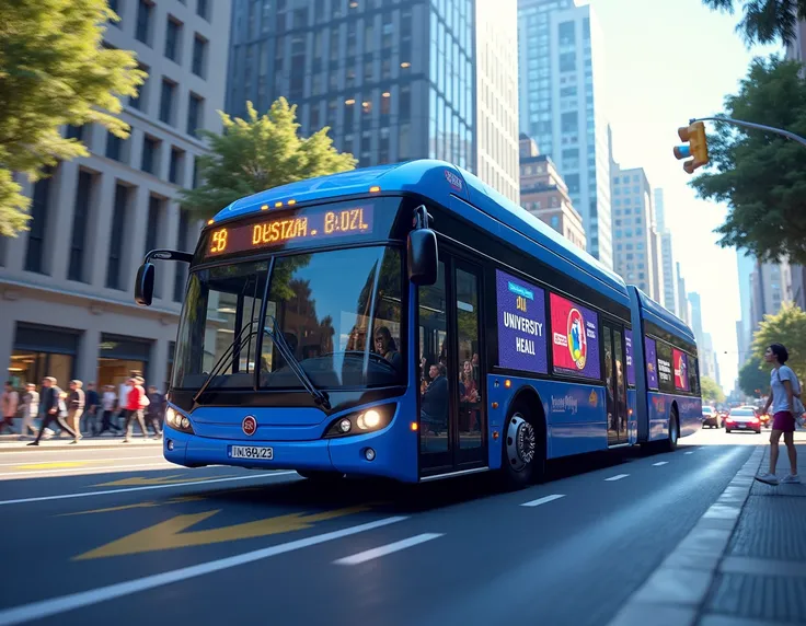 CREATE A BUS IN THE CITY WITH ADVERTISING INSIDE THE COP THAT IS A UNIVERSITY AND DO IT IN BLUE