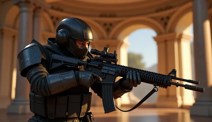 unreal engine game first person shooter game screenshot, a man with Barrett M82, Armor, with text "UNREAL ENGINE 5"  in a luxury house