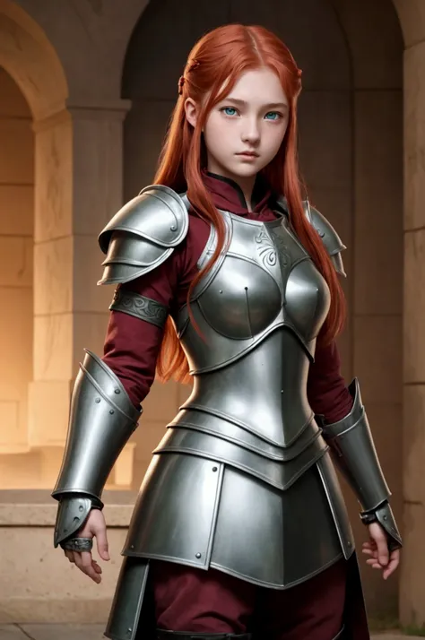 Teen girl, (1.4),teenager , perfect face, age 14, detailed face, detailed face, sakura, green eyes, redhead, warriors, using sexy armor, roman armor, very small breats, full body
