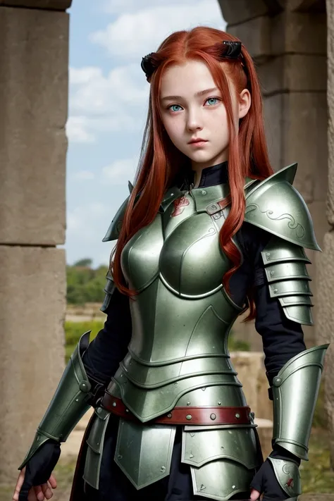 Teen girl, (1.4),teenager , perfect face, age 14, detailed face, detailed face, sakura, green eyes, redhead, warriors, using sexy armor, roman armor, very small breats, full body
