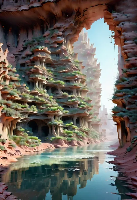 There are many inverted cavities (different rooms, joined by mandelbulb projections that form passages) in the middle of an underground canyon that forms a mandelbulb mud village at different heights with many balconies and stalactites and stalactites, fan...