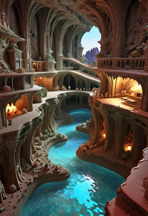 There are many inverted cavities (different rooms, joined by mandelbulb projections that form passages) in the middle of an underground canyon that forms a mandelbulb mud village at different heights with many balconies and stalactites and stalactites, fan...