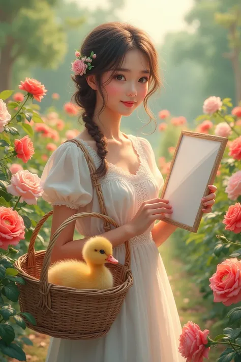 A beautiful girl stands in rose garden and she has basket in her hand and in bucket there is a duck baby and another hand she has poster in that poster wrote " Ibas " 