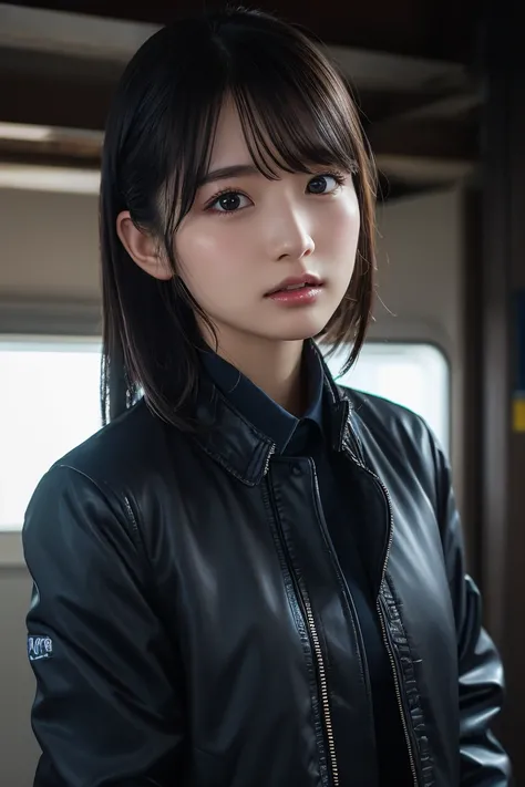 shiny skin, lips, super detailed skin, detailed beautiful face and eyes, spotlight, professional lighting, (upper body:0.8), stewardess, black skirt, jacket, short shirt, kooo123,